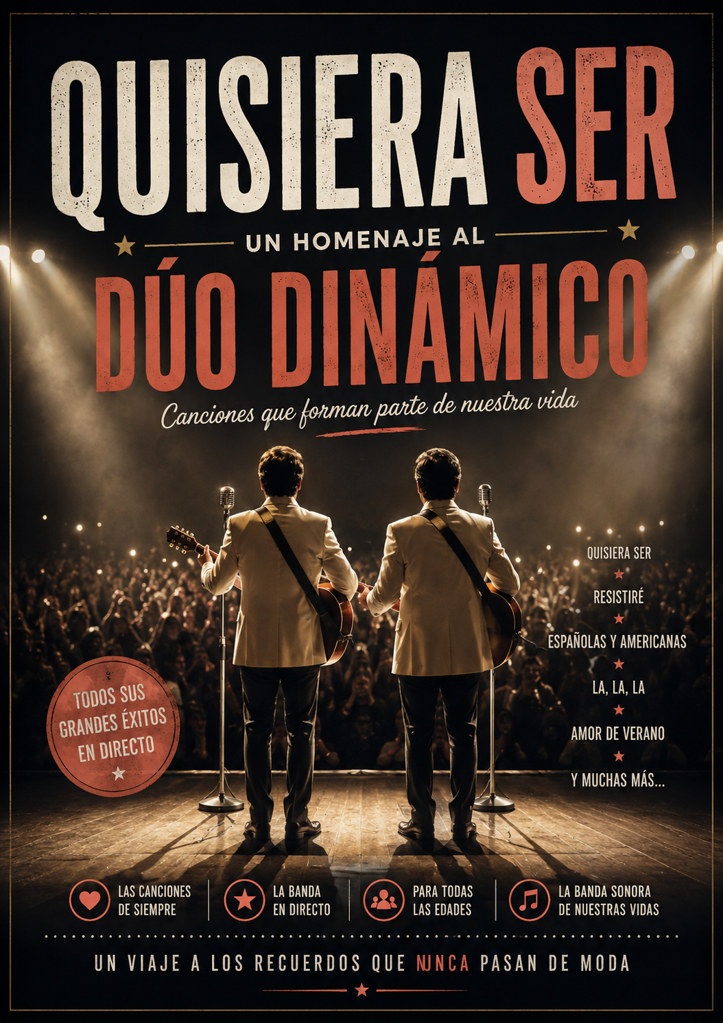 Dos intérpretes con esmoquin blanco sobre un escenario de teatro